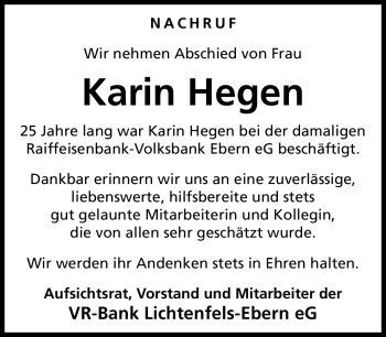 Traueranzeige von Karin Hagen von Neue Presse Coburg