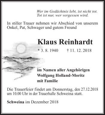 Traueranzeige von Klaus Reinhardt von Südthüringer Presse