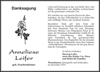Traueranzeige von Anneliese Leifer von Südthüringer Presse