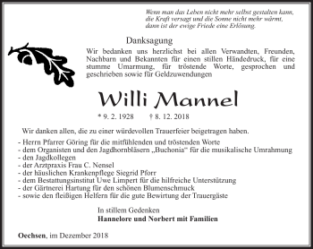 Traueranzeige von Willi Mannel von Südthüringer Presse