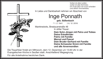 Traueranzeige von Inge Ponnath von Frankenpost