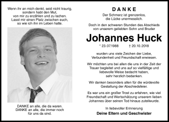 Traueranzeige von Johannes Huck von Südthüringer Presse