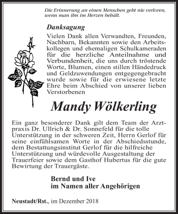 Traueranzeige von Mandy Wölkerling von Südthüringer Presse