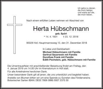 Traueranzeige von Herta Hübschmann von Frankenpost