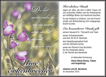 Traueranzeige von Uwe Erkenbrecher von Südthüringer Presse
