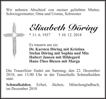 Traueranzeige von Elisabeth Döring von Südthüringer Presse
