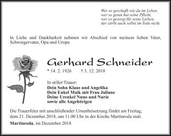 Traueranzeige von Gerhard Schneider von Südthüringer Presse