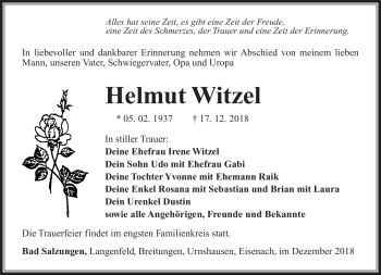 Traueranzeige von Helmut Witzel von Südthüringer Presse
