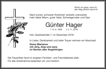 Traueranzeige von Günter Hager von Frankenpost