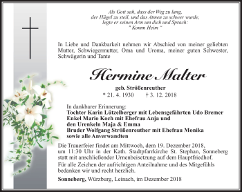 Traueranzeige von Hermine Malter von Südthüringer Presse