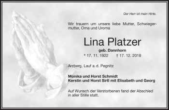 Traueranzeige von Lina Platzer von Frankenpost