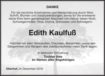 Traueranzeige von Edith Kraulfuß von Südthüringer Presse
