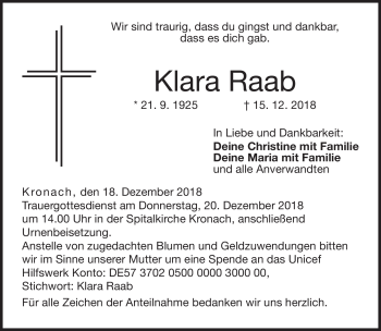 Traueranzeige von Klara Raab von Neue Presse Coburg
