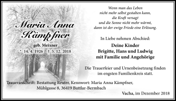 Traueranzeige von Maria Anna Kämpfner von Südthüringer Presse