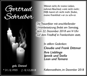 Traueranzeige von Gertrud Schreiber von Südthüringer Presse