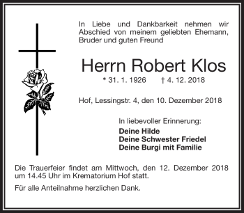 Traueranzeige von Robert Klos von Frankenpost