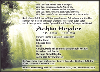 Traueranzeige von Achim Heyder von Südthüringer Presse