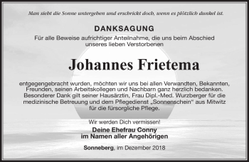 Traueranzeige von Johannes Frietema von Südthüringer Presse