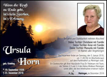 Traueranzeige von Ursula Horn von Südthüringer Presse