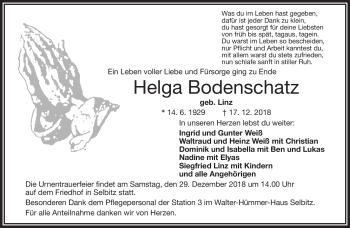 Traueranzeige von Helga Bodenschatz von Frankenpost
