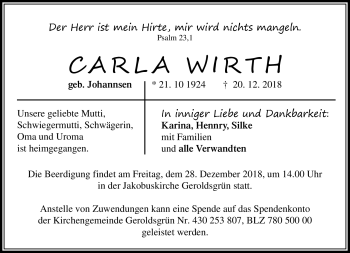 Traueranzeige von Carla Wirth von Frankenpost