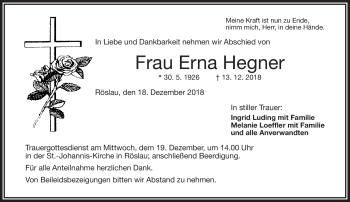 Traueranzeige von Erna Hegner von Frankenpost