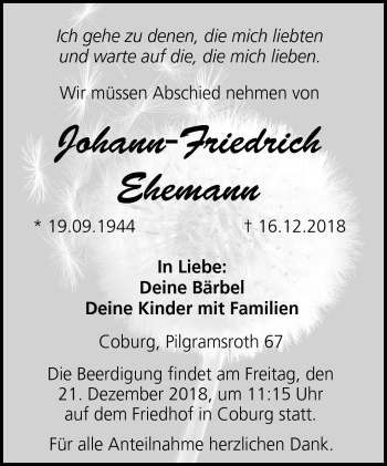 Traueranzeige von Johann-Friedrich Ehemann von Neue Presse Coburg