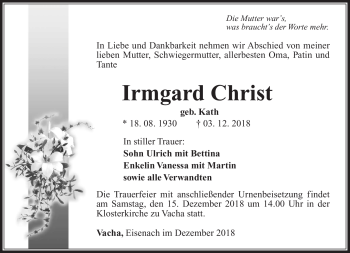 Traueranzeige von Irmgard Christ von Südthüringer Presse
