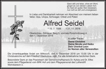 Traueranzeige von Alfred Seidel von Frankenpost