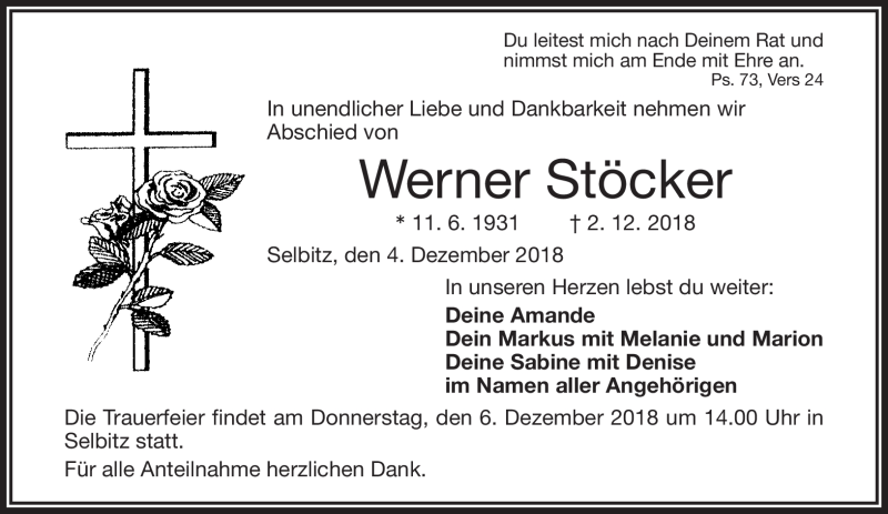  Traueranzeige für Werner Stöcker vom 04.12.2018 aus Frankenpost