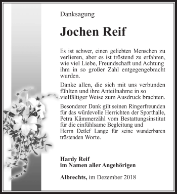Traueranzeige von Jochen Reif von Südthüringer Presse