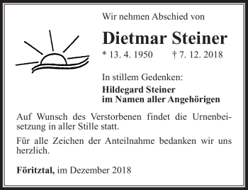 Traueranzeige von Dietmar Steiner von Südthüringer Presse