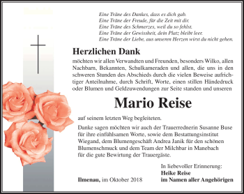 Traueranzeige von Mario Reise von Südthüringer Presse