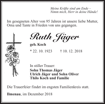 Traueranzeige von Ruth Jäger von Südthüringer Presse