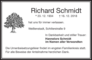Traueranzeige von Richard Schmidt von Frankenpost
