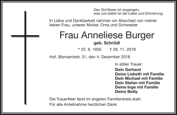 Traueranzeige von Anneliese Burger von Frankenpost