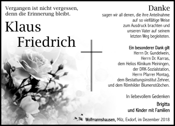 Traueranzeige von Klaus Friedrich von Südthüringer Presse