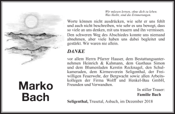 Traueranzeige von Marko Bach von Südthüringer Presse