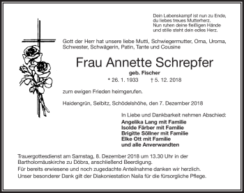 Traueranzeige von Annette Schrepfer von Frankenpost