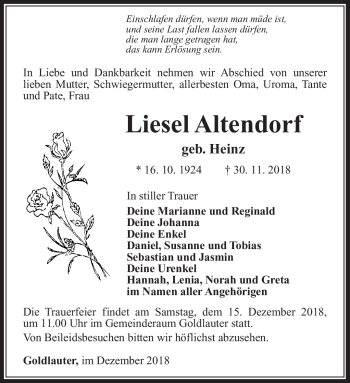 Traueranzeige von Liesel Altendorf von Südthüringer Presse