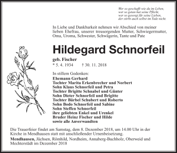 Traueranzeige von Hildgard Schnorfeil von Südthüringer Presse