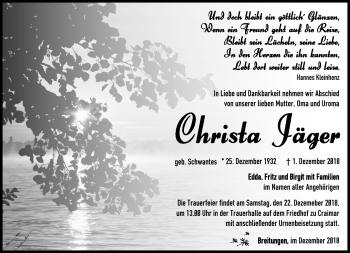 Traueranzeige von Christa Jäger von Südthüringer Presse