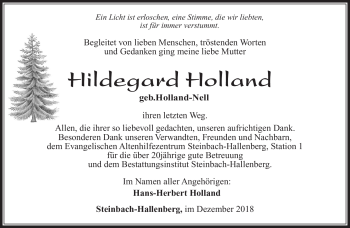 Traueranzeige von Hildegard Holland von Südthüringer Presse