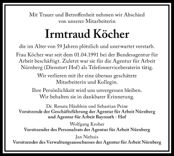 Traueranzeige von Irmtraud Köcher von Frankenpost