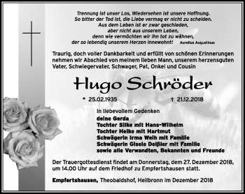 Traueranzeige von Hugo Schröder von Südthüringer Presse