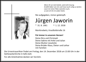 Traueranzeige von Jürgen Jaworin von Frankenpost