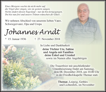 Traueranzeige von Johannes Arndt von Südthüringer Presse