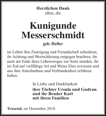 Traueranzeige von Kunigunge Messerschmidt von Südthüringer Presse
