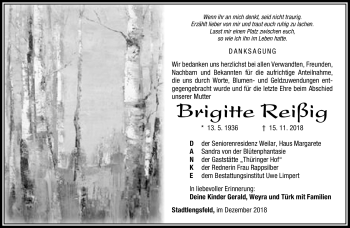 Traueranzeige von Brigitte Reißig von Südthüringer Presse