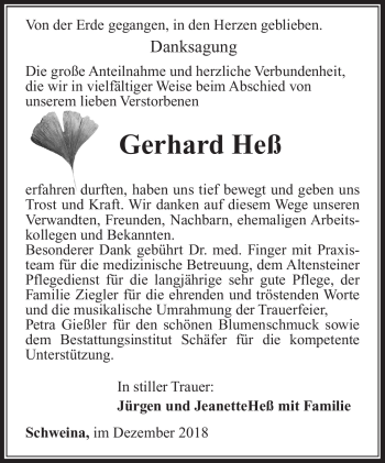 Traueranzeige von Gerhard Heß von Südthüringer Presse